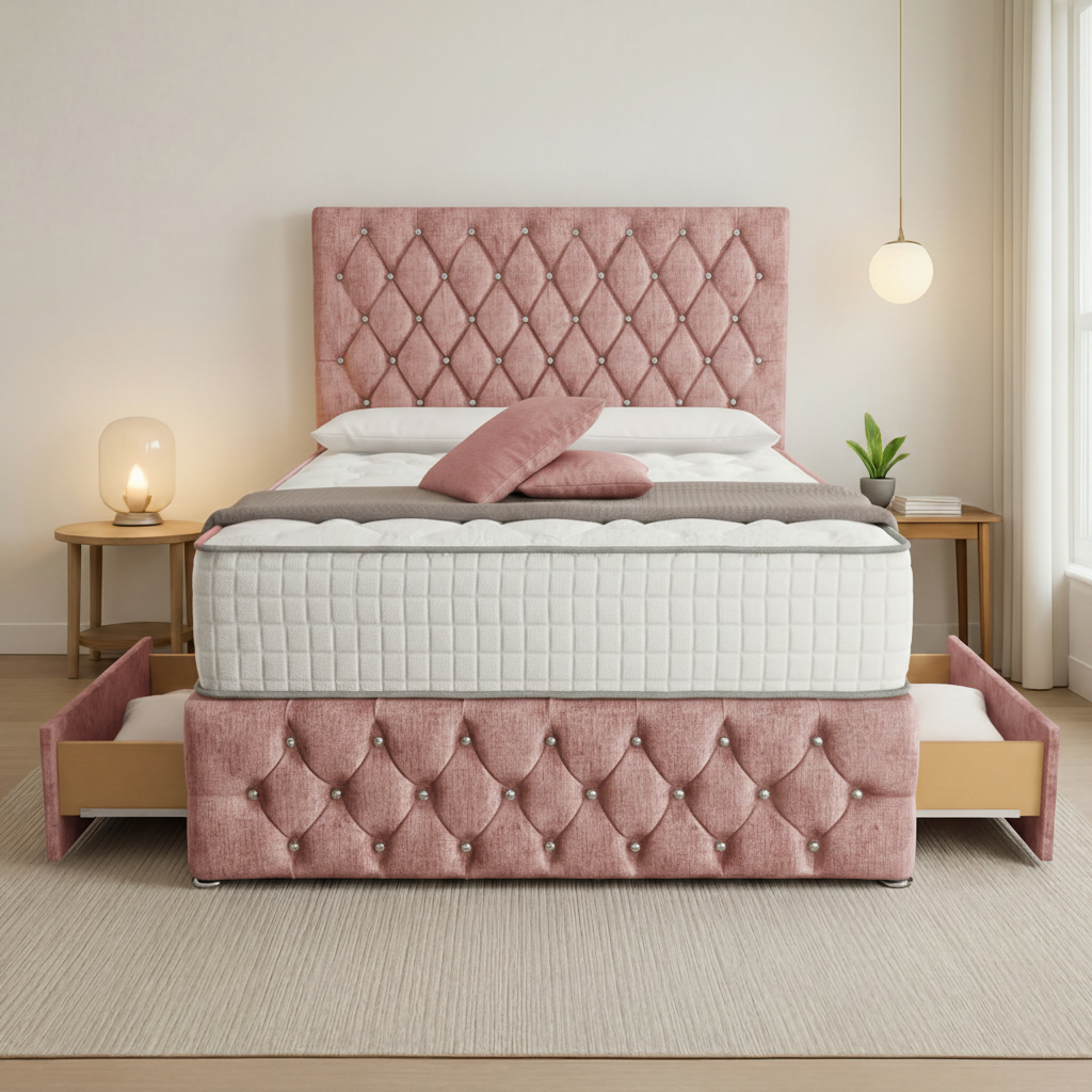 Moscow Divan Bed Front Angle - Pink Coniston