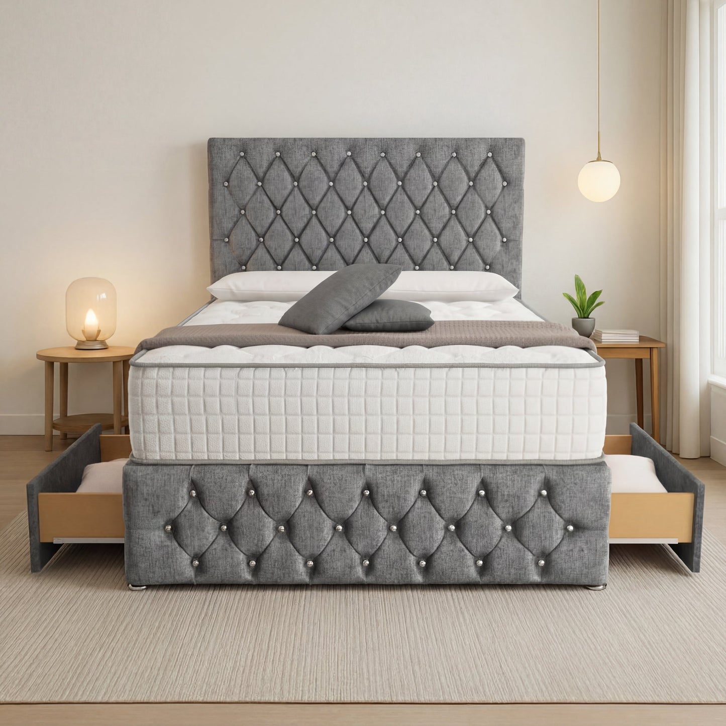 Moscow Divan Bed Front Angle - Silver Chenille