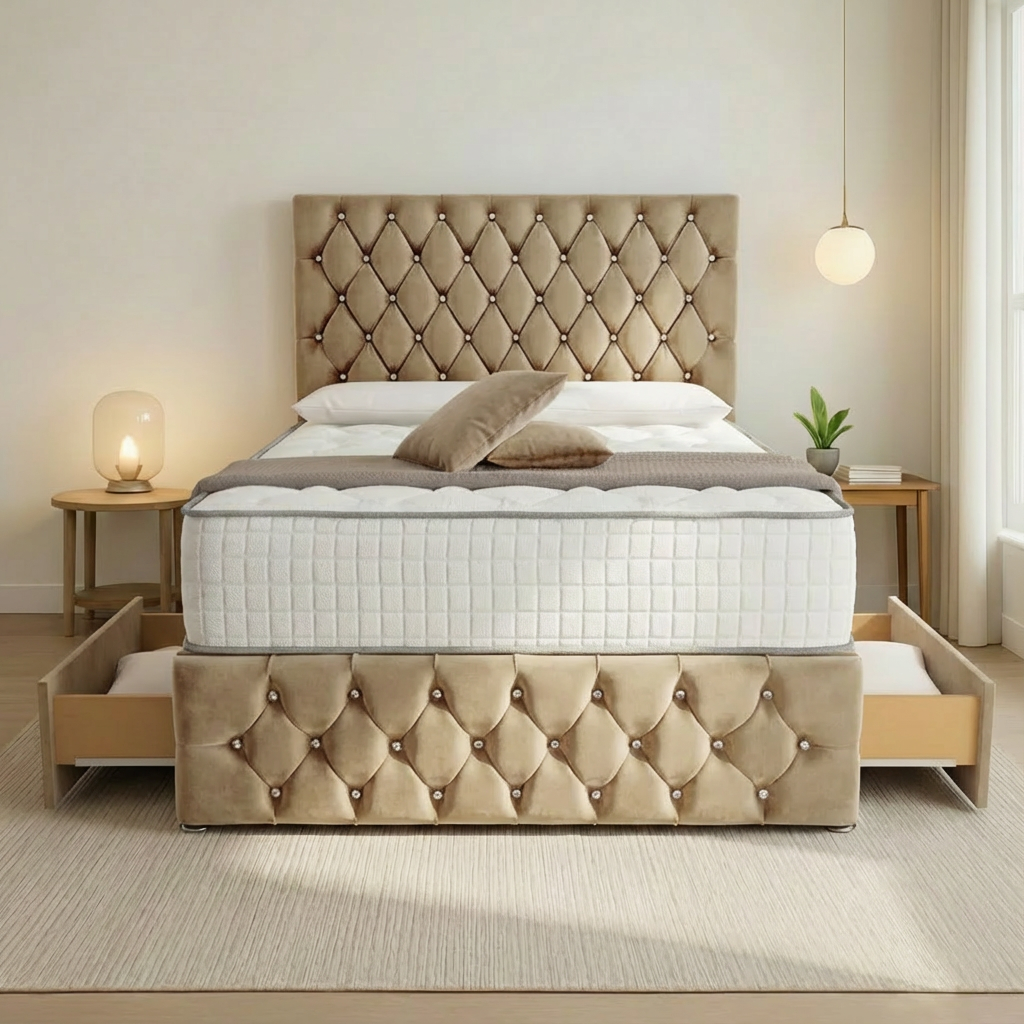Moscow Divan Bed Front Angle Mink Plush Velvet
