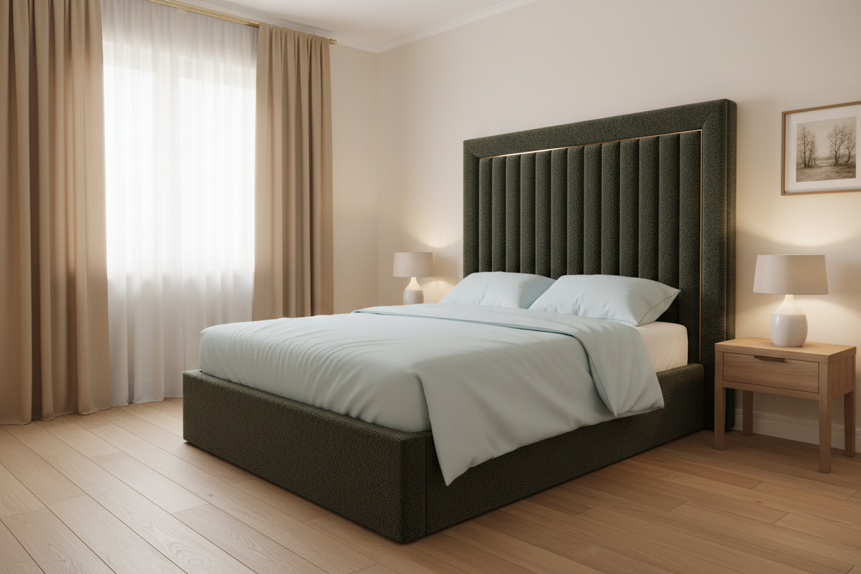 Modern bedroom with a green upholstered bed and side table.