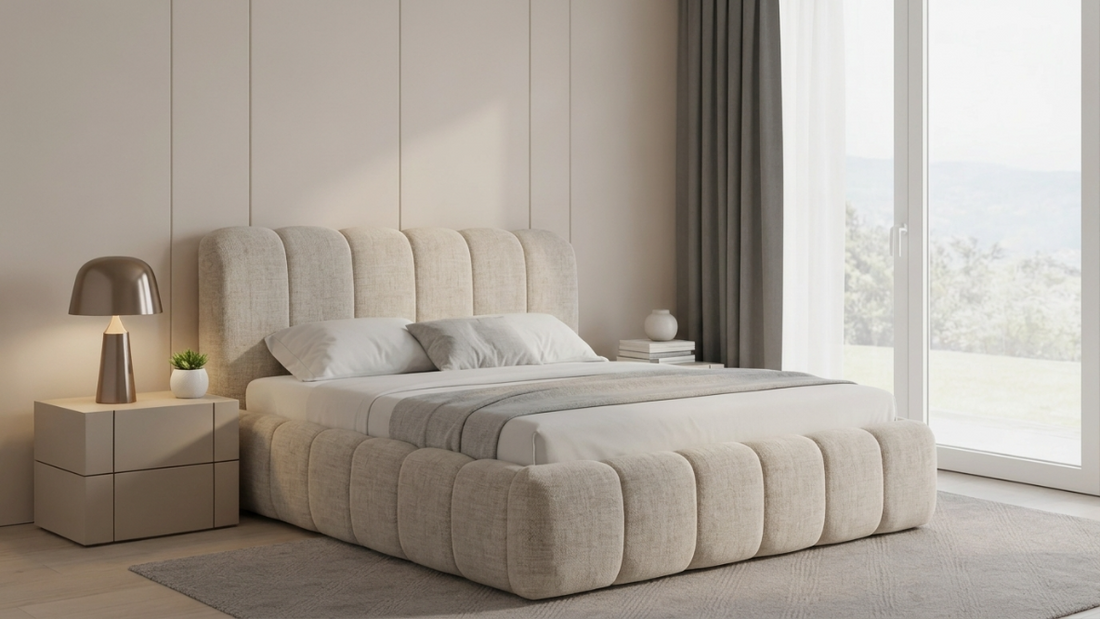 Modern upholstered bed frame in a minimalist bedroom