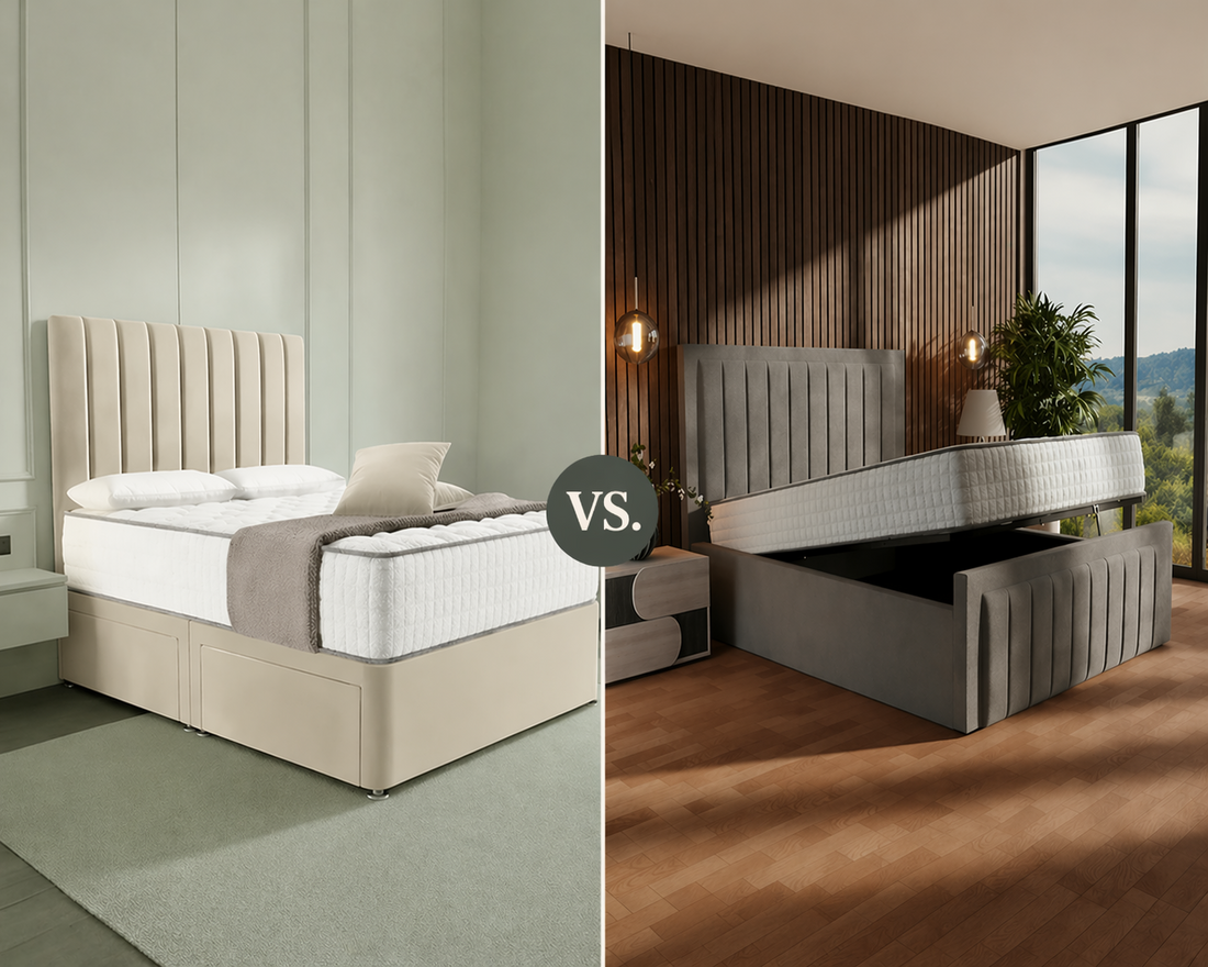 Divan vs ottoman bed comparison with storage styles
