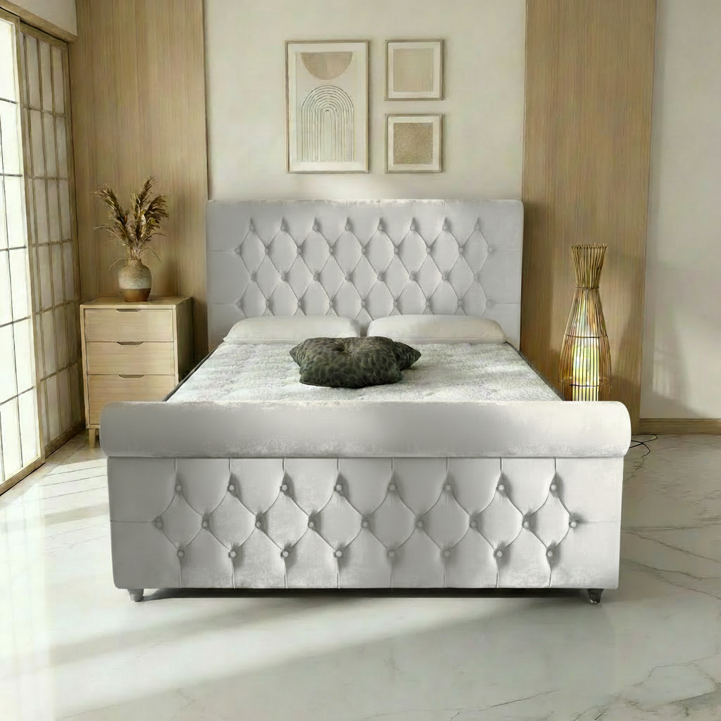 Perth Upholstered Ottoman Bed - Silver Plush Velvet