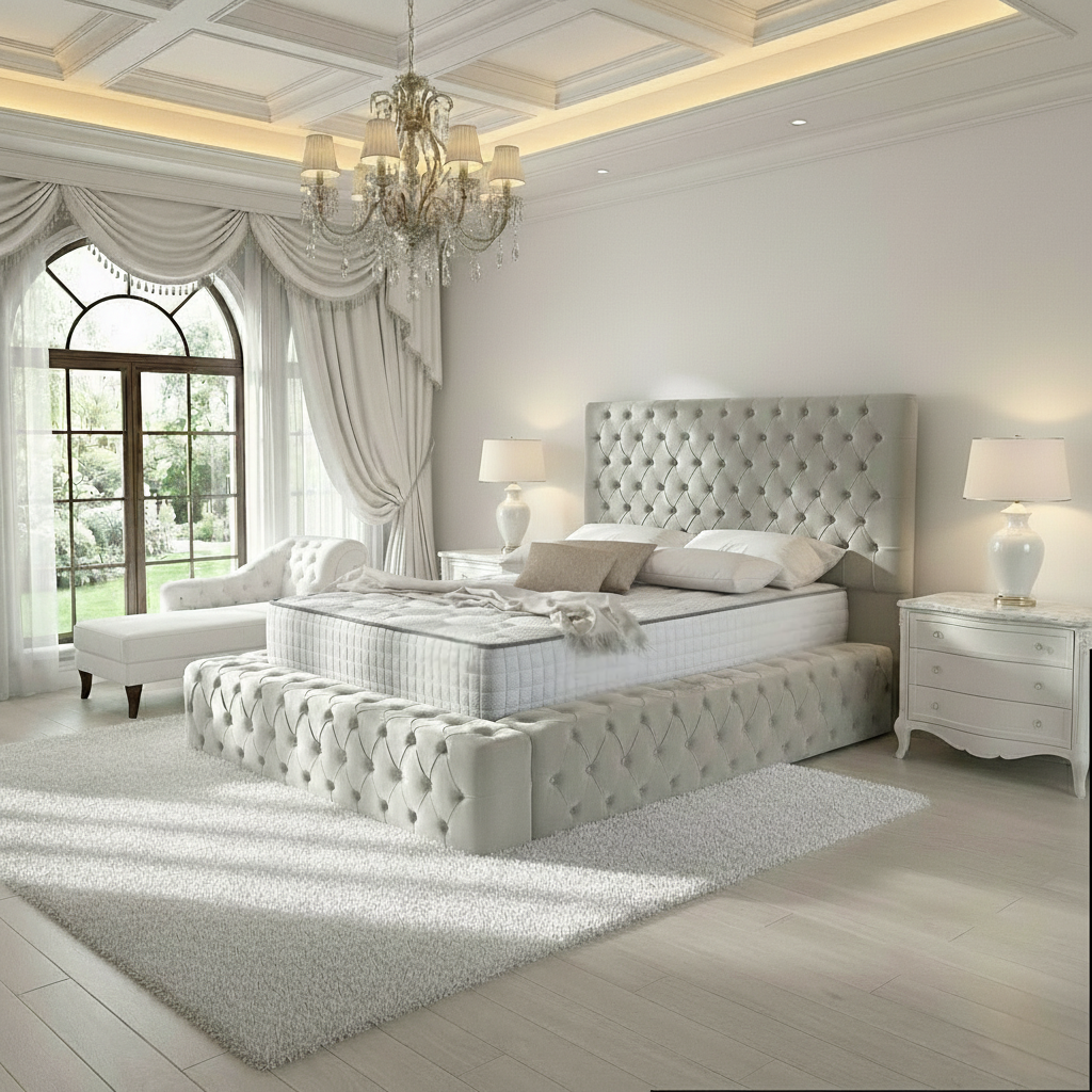 Diplomat Upholstered Ottoman Bed - Silver Plush Velvet