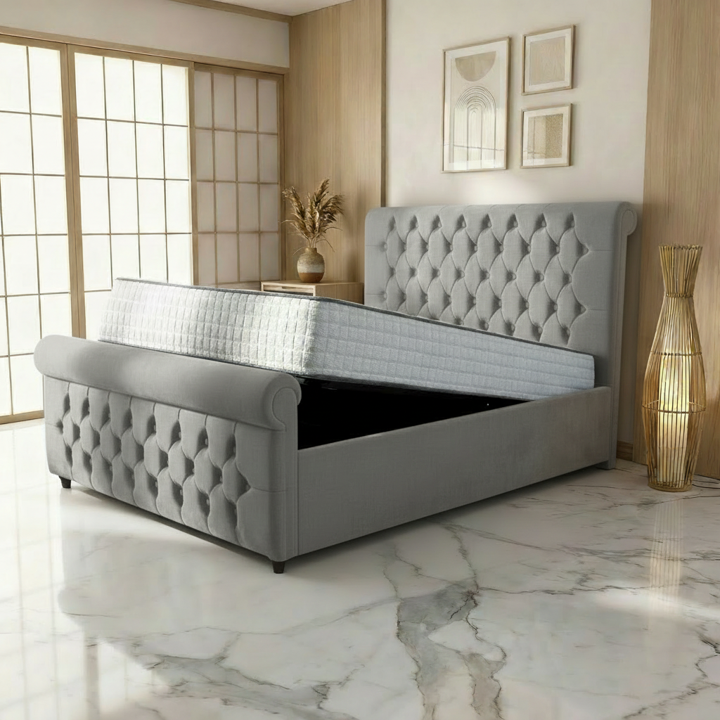 Perth Upholstered Ottoman Bed - Silver Linoso Naples