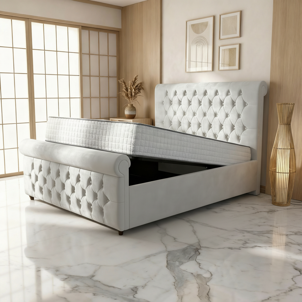 Perth Upholstered Ottoman Bed - Silver Plush Velvet