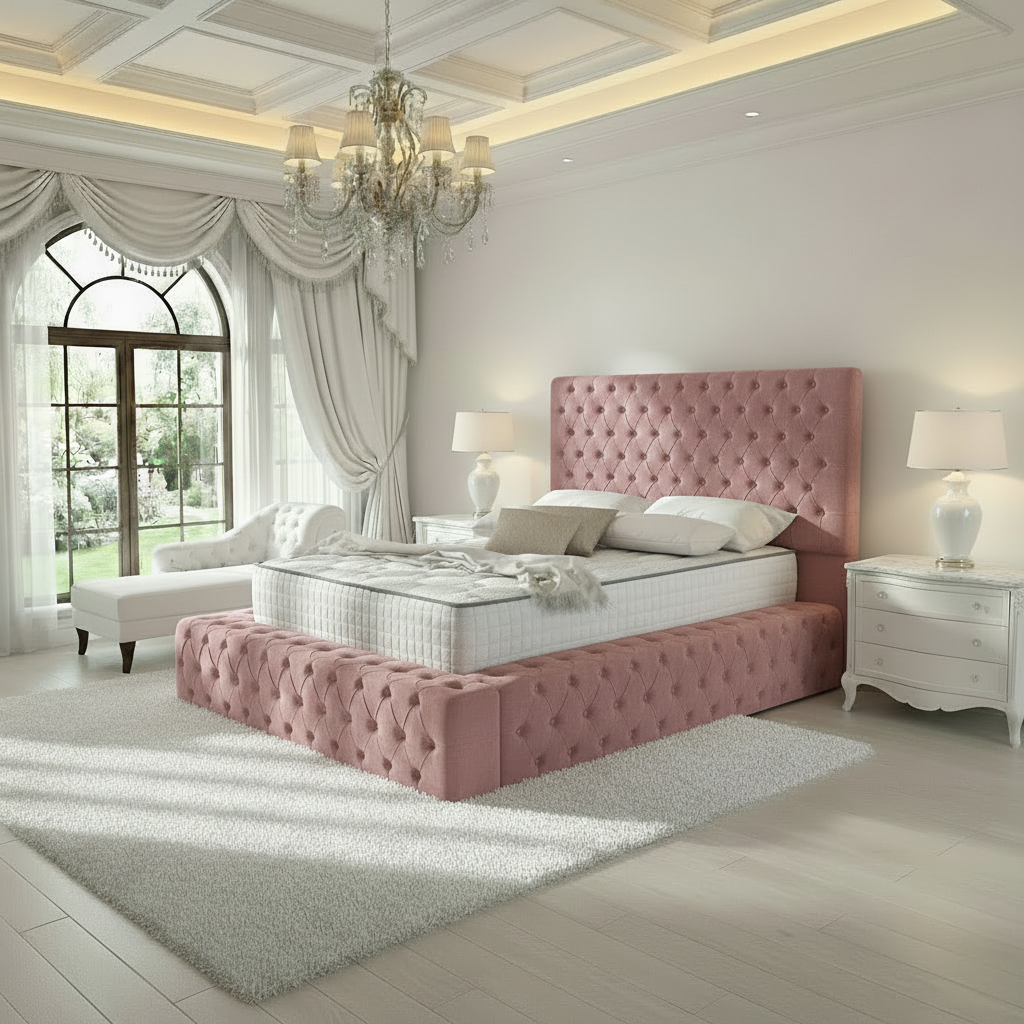 Diplomat Upholstered Ottoman Bed - Pink Plush Velvet