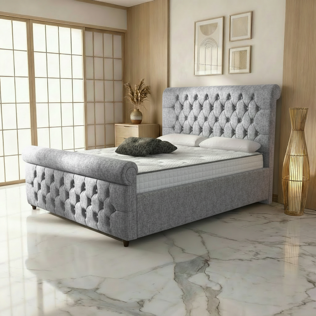 Perth Upholstered Ottoman Bed - Silver Chenille Naples
