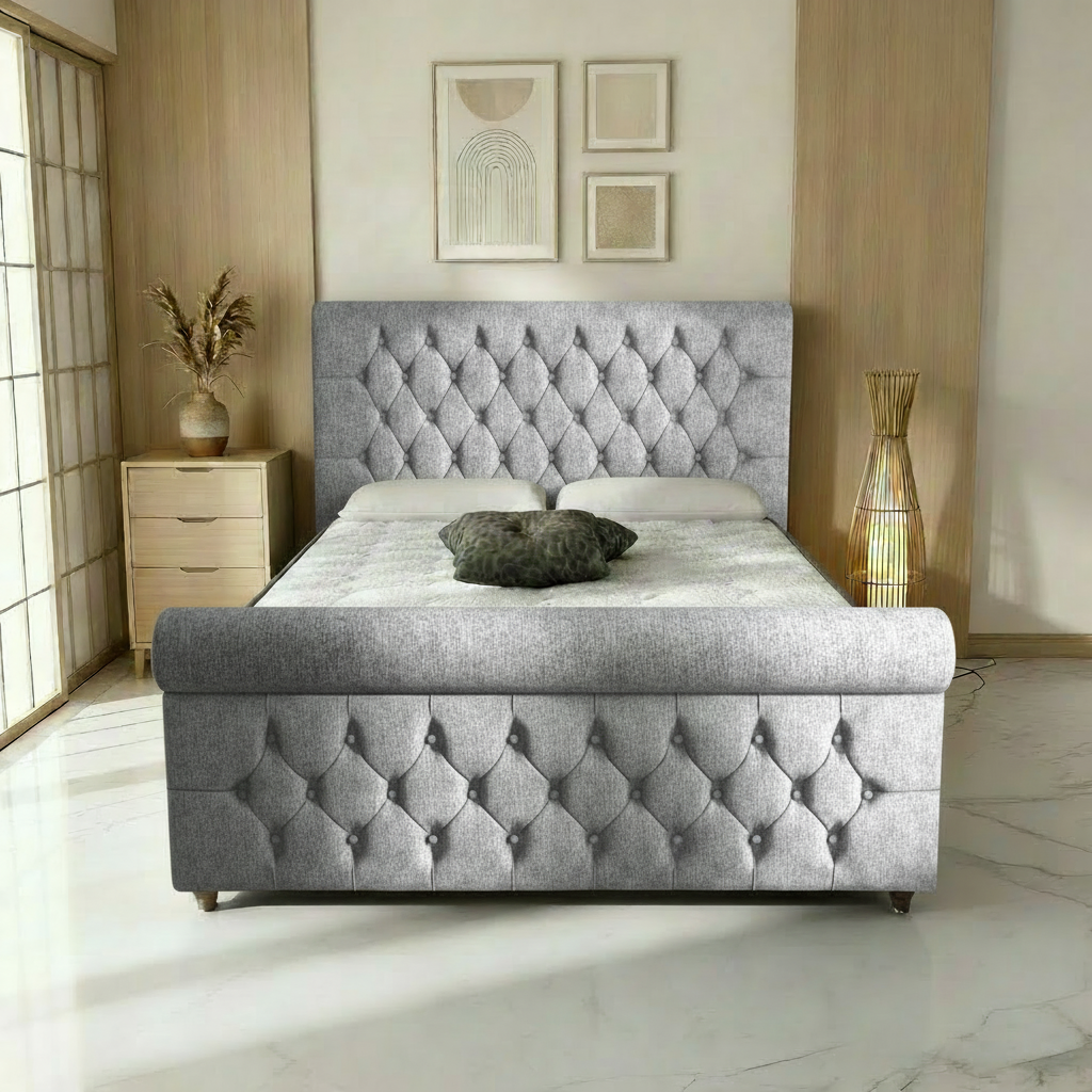 Perth Upholstered Ottoman Bed - Silver Chenille Naples