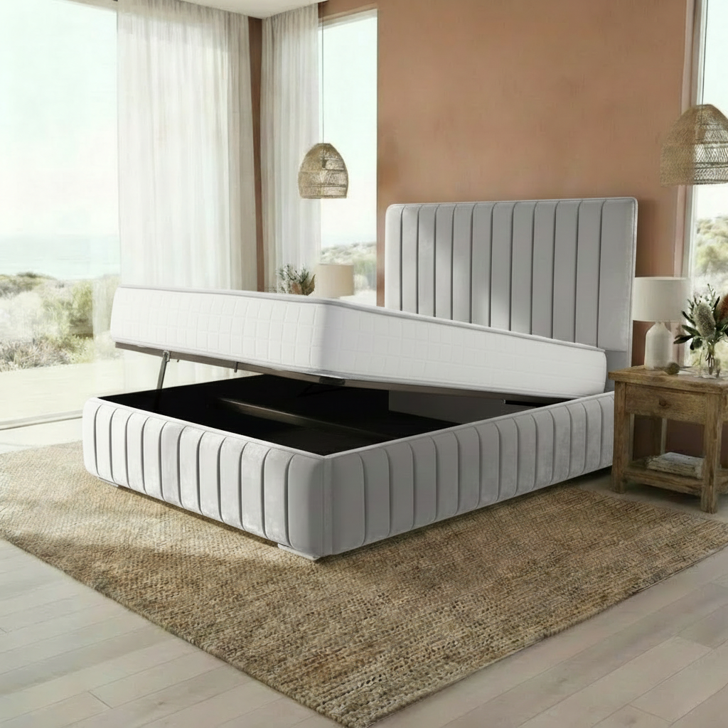 Venice Upholstered Ottoman Bed - Silver Plush Velvet
