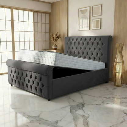 Perth Upholstered Ottoman Bed - Steel Plush Velvet