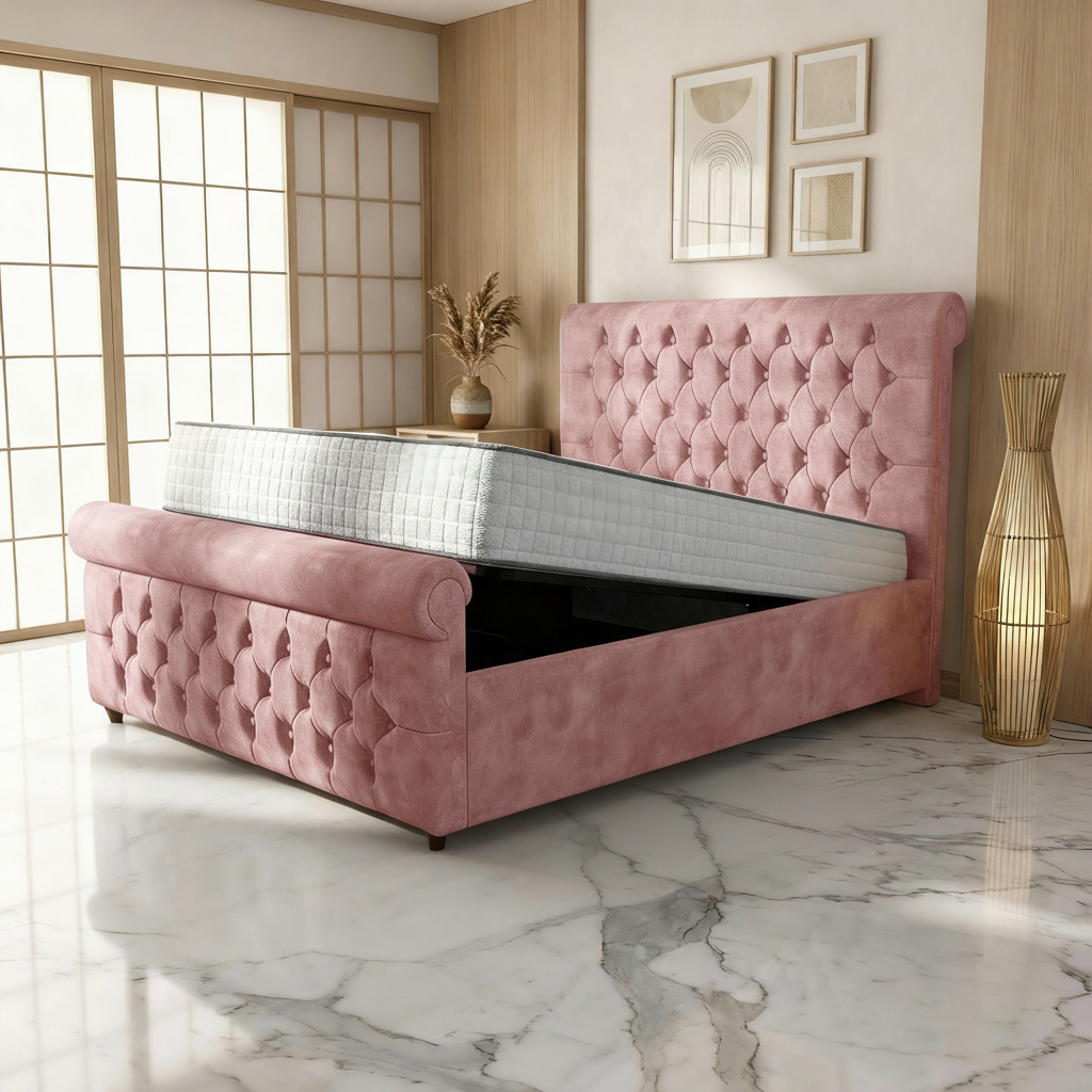 Perth Upholstered Ottoman Bed - Pink Coniston