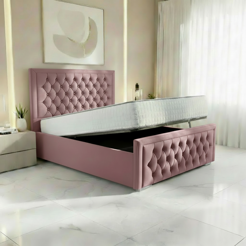 Barcelona Upholstered Ottoman Bed - Pink Plush