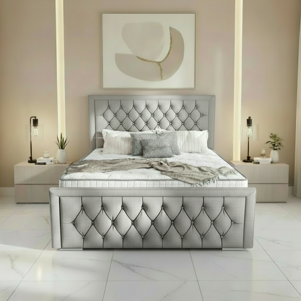Barcelona Upholstered Ottoman Bed - Silver Linoso
