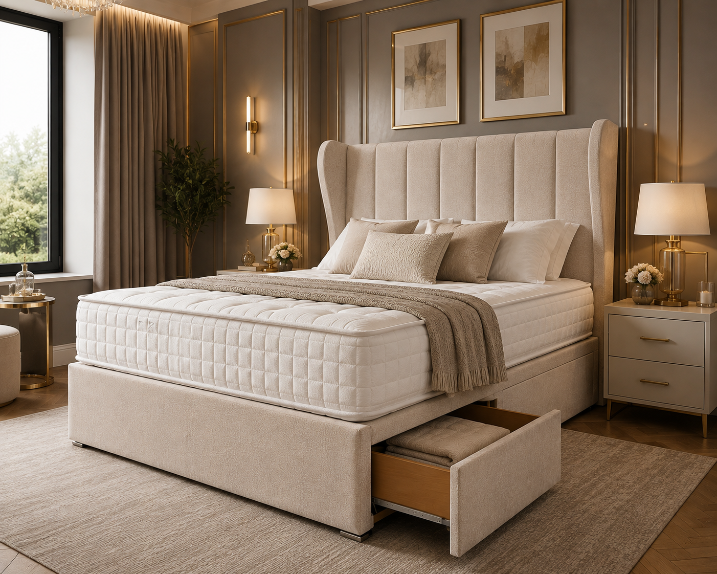 Budapest Wingback Divan Bed - Almond Coniston