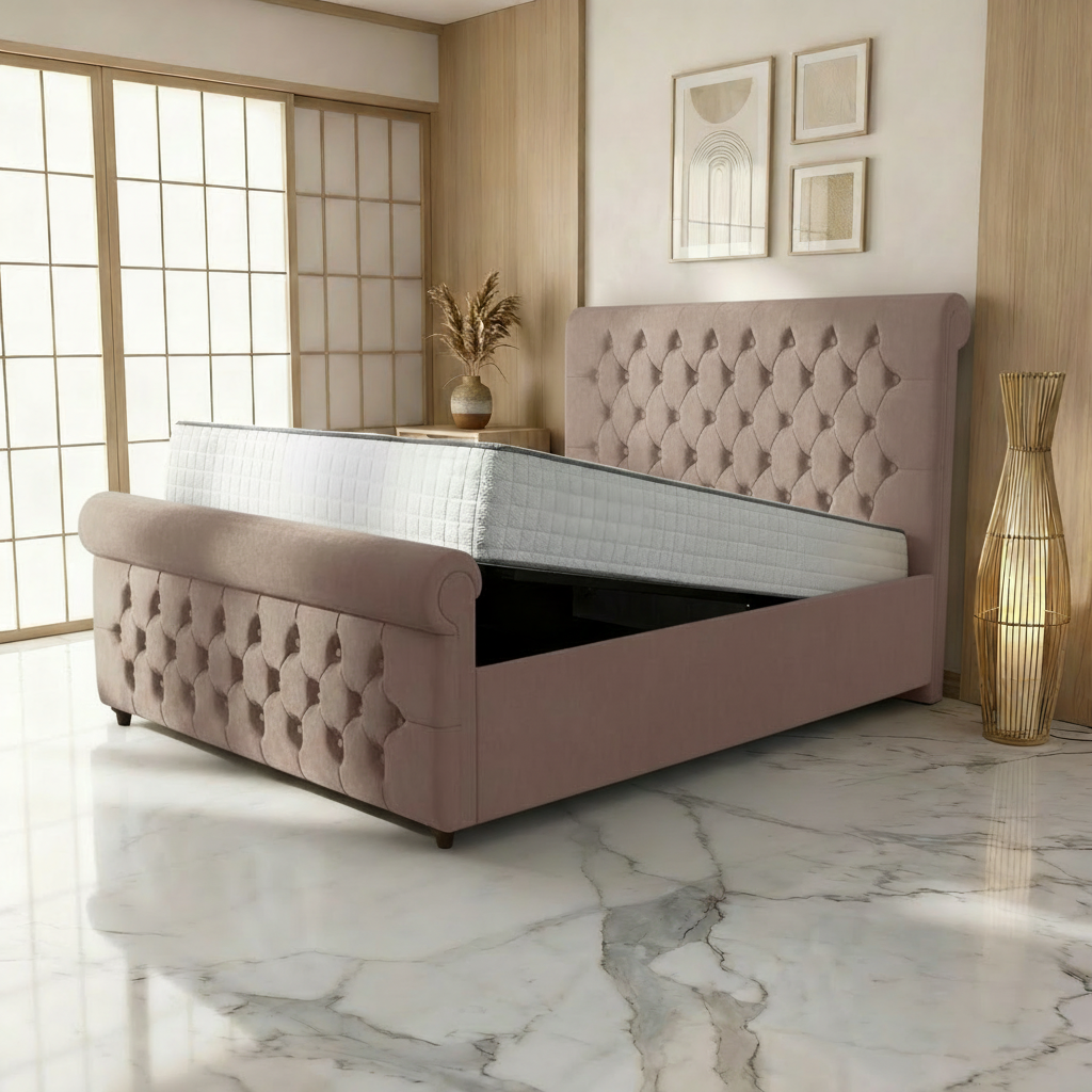 Perth Upholstered Ottoman Bed - Mauve Naples