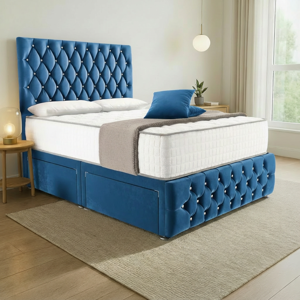 Moscow Divan Bed Blue Plush Velvet