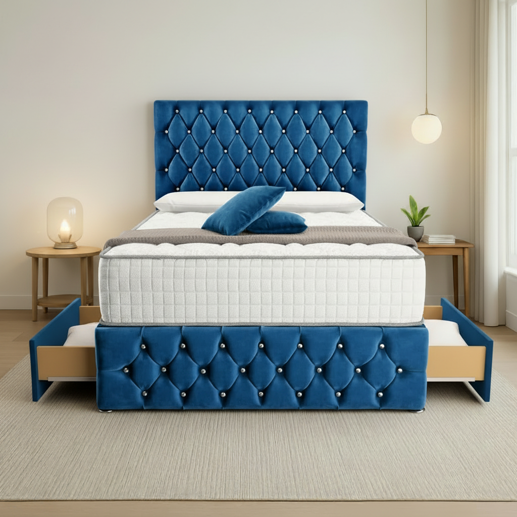 Moscow Divan Bed Front Angle - Blue Plush Velvet