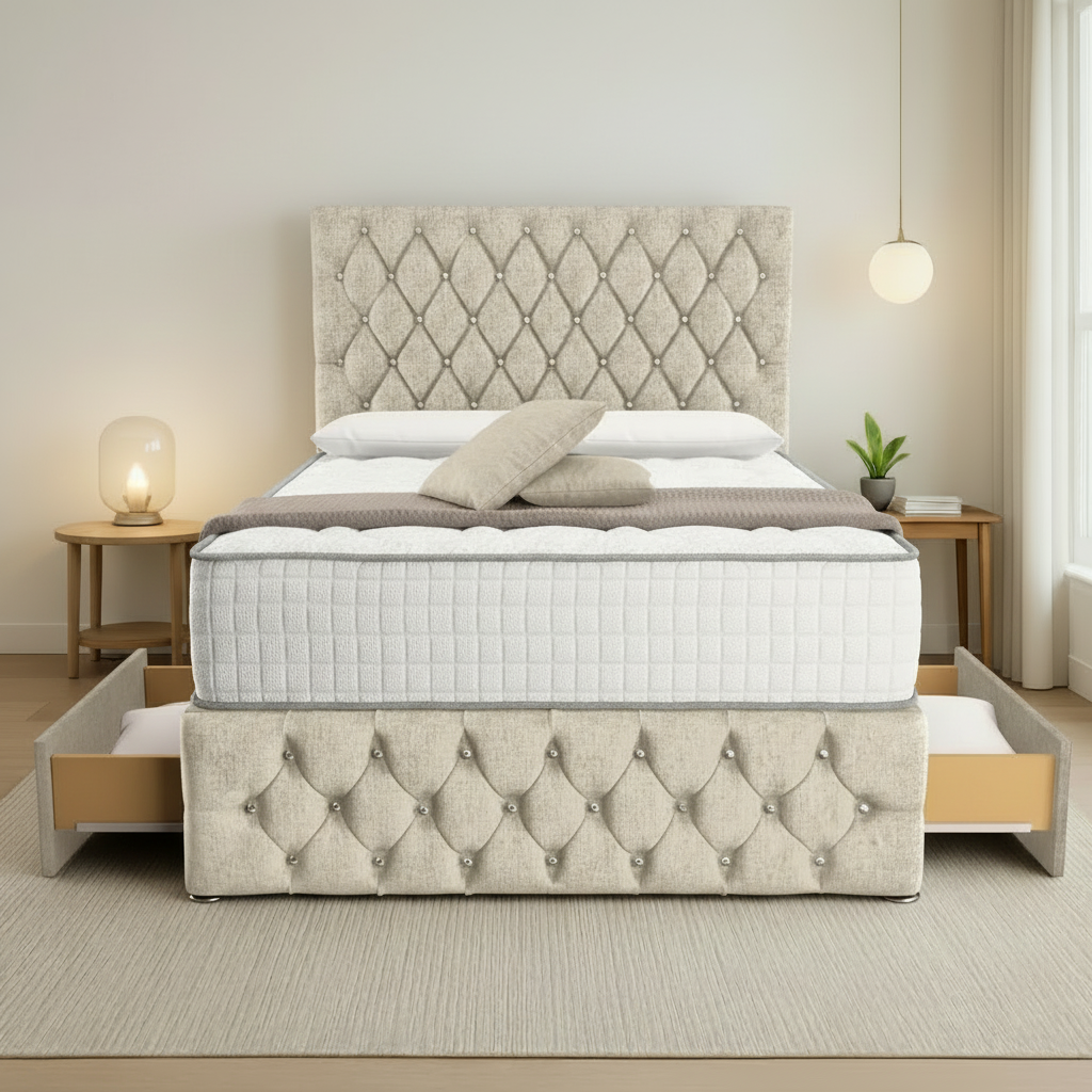 Moscow Divan Bed Front Angle - Cream Chenille