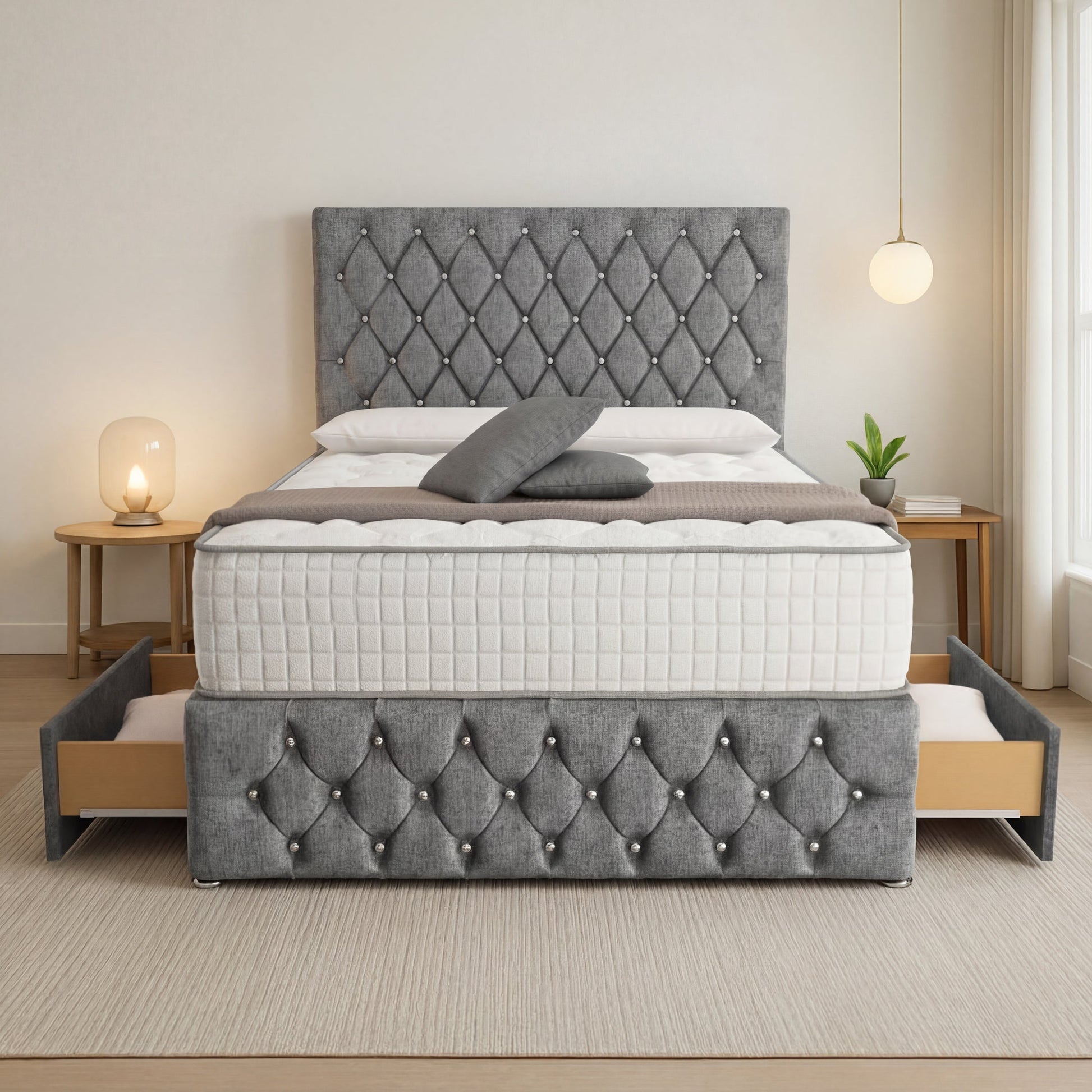 Moscow Divan Bed Front Angle - Silver Chenille