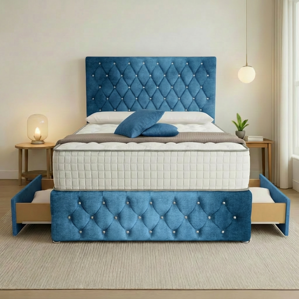 Moscow Divan Bed Front Angle Blue Coniston
