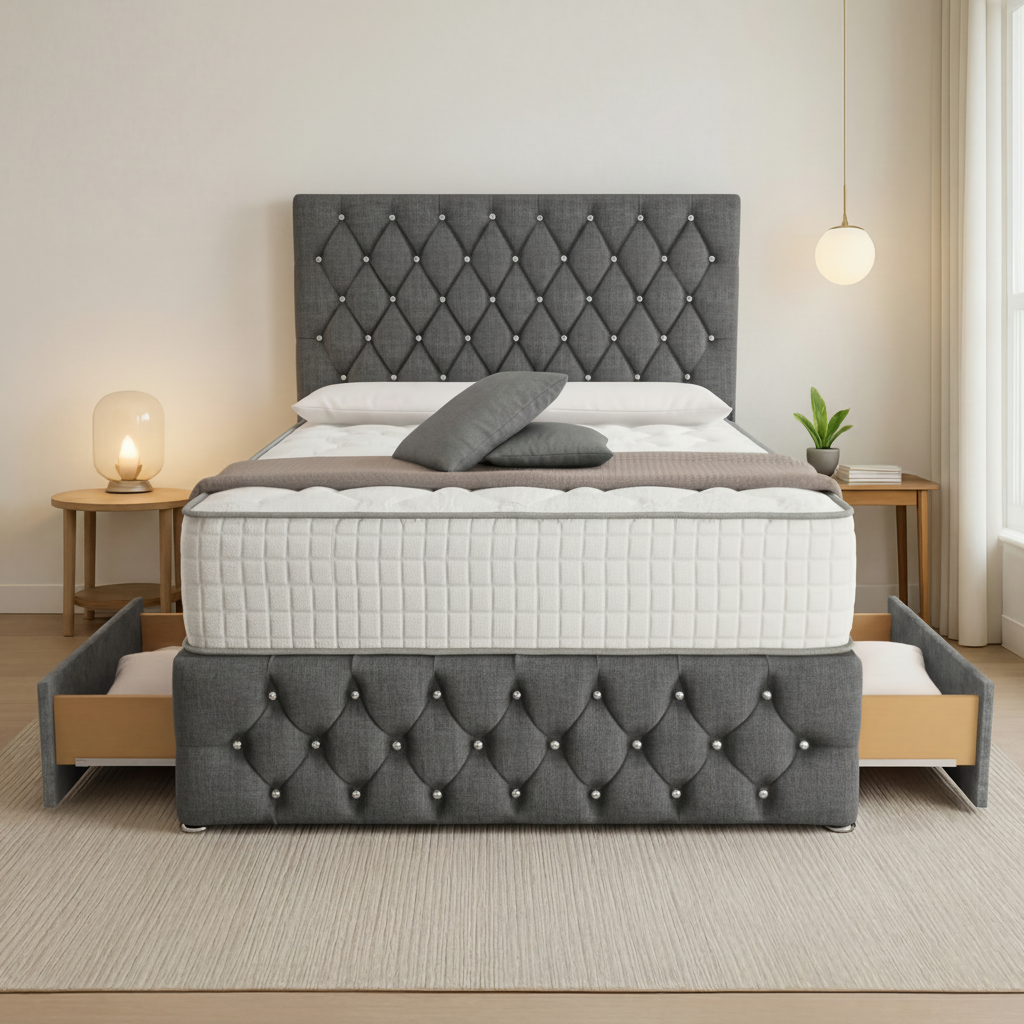 Moscow Divan Bed Front Angle Charcoal Chenille