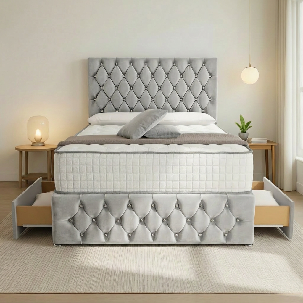 Moscow Divan Bed Front Angle Silver Plush Velvetpng