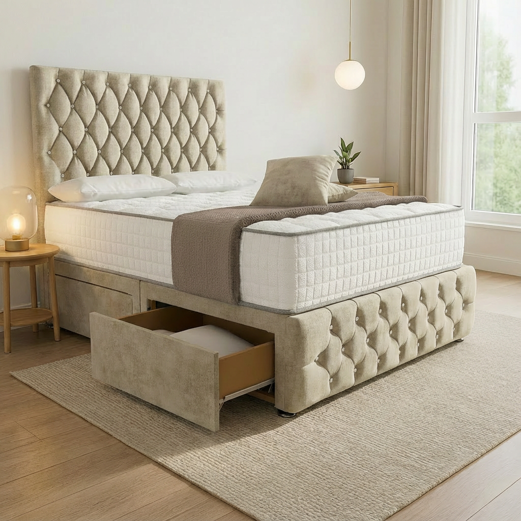 Moscow Divan Bed Side Angle- Almond Coniston