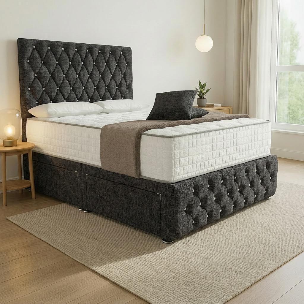 Moscow Divan Bed Side Angle - Charcoal Chenille