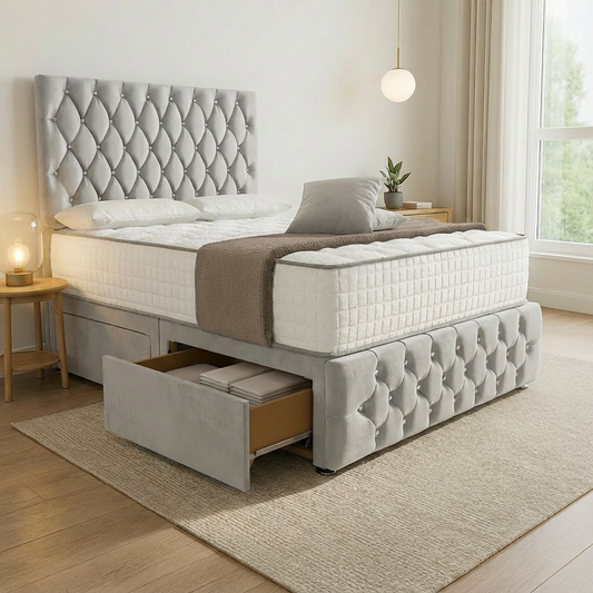 Moscow Divan Bed Side Angle - Silver Plush Velvet
