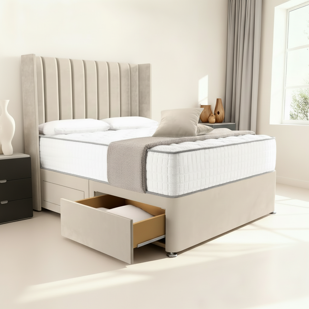 Budapest Wingback Divan Bed - Cream Plush Velvet