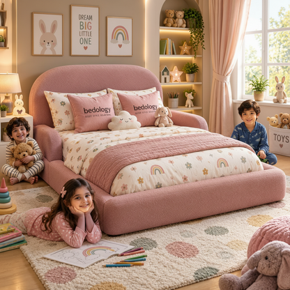 A children's bedroom scene with a large upholstered bed as the apparent product. The bed has a dusty pink frame and headboard, cream bedding with pastel rainbow and star prints, and pink pillows reading 'bedology'.