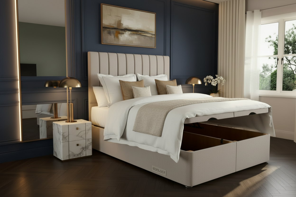 A beige upholstered storage bed with a tufted headboard is shown in a styled bedroom. The bed is dressed in white bedding with beige accent pillows and a beige throw blanket.