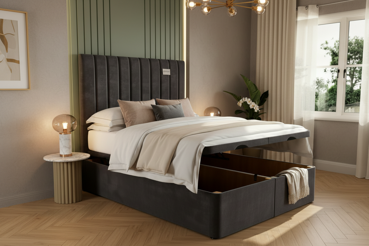 A light gray upholstered bed frame with a tall channel-tufted headboard and raised storage base, shown in a styled bedroom with wood flooring, a window, curtains, and a side table.