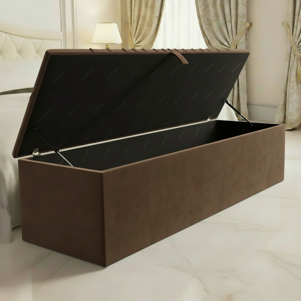 Sunrise Ottoman Storage Box - Side Angle -  Mocca Plush Velvet