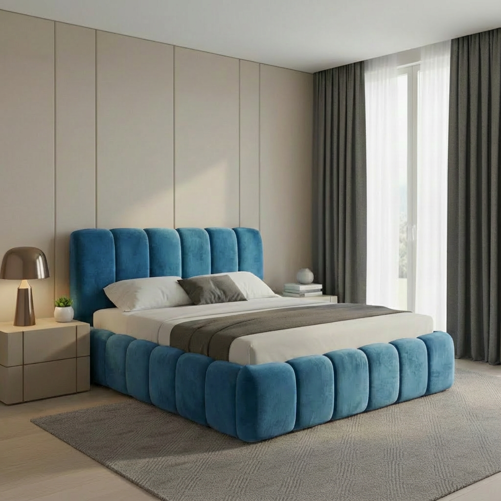 The new premium teddy boucle fur 2026 Bedframe Blue Plush Velvet by Bedology