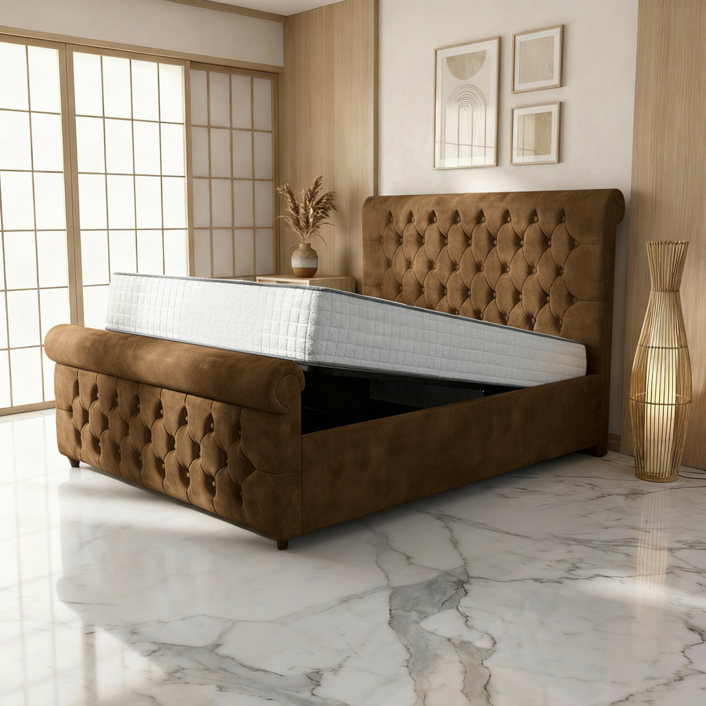 Perth Upholstered Ottoman Bed - Mocca Plush Naples