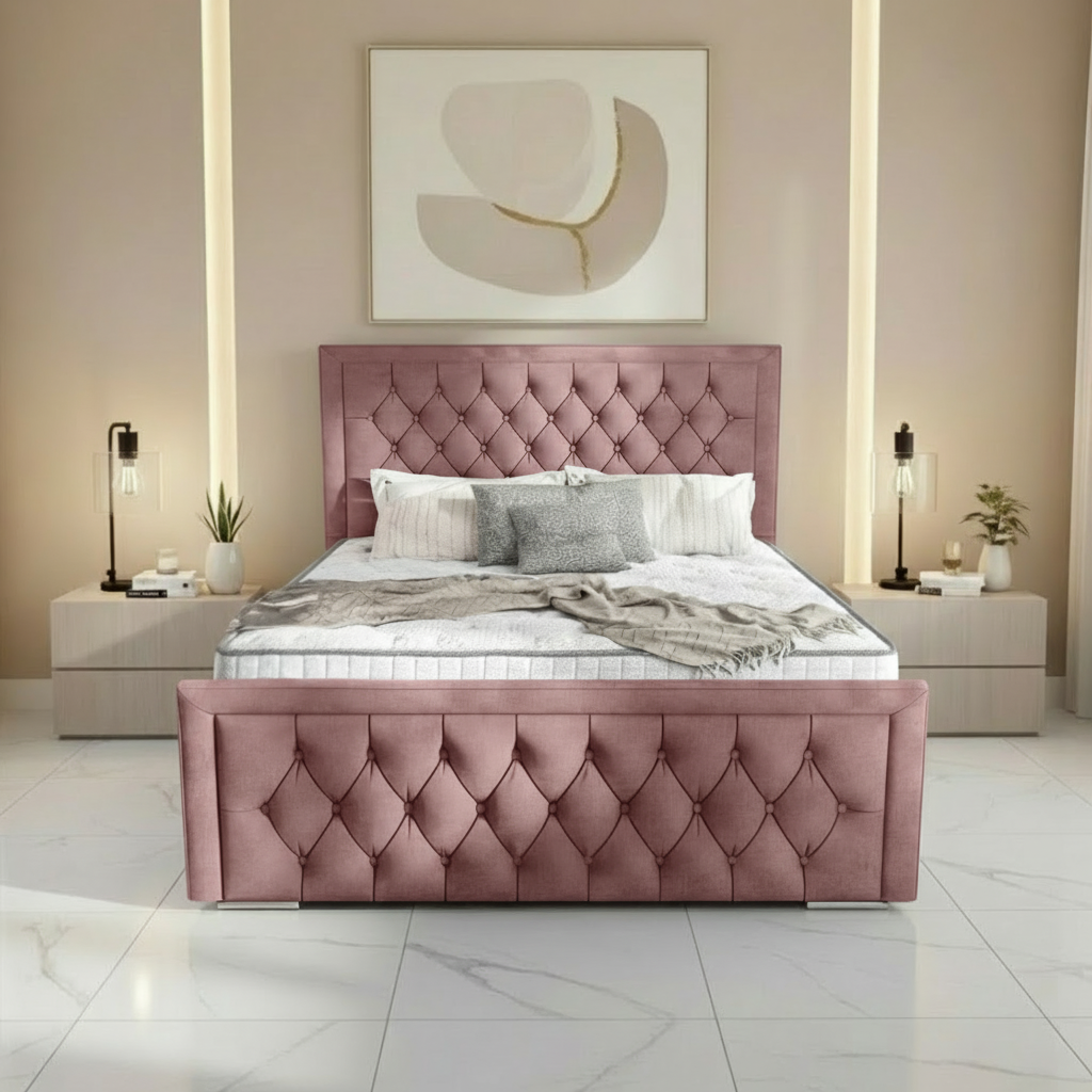 Barcelona Upholstered Ottoman Bed - Pink Plush