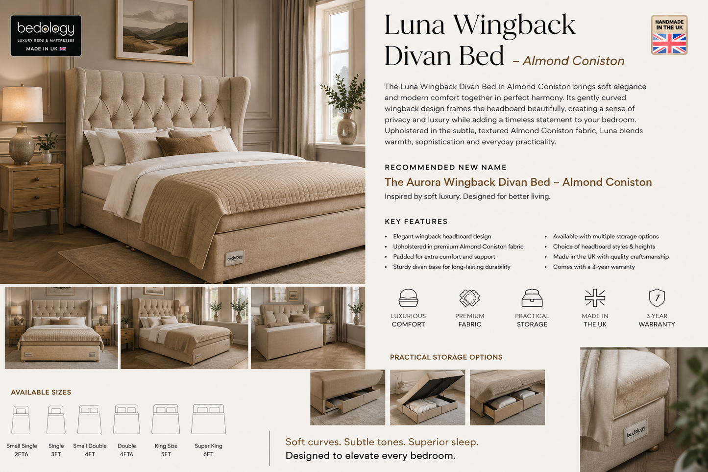 The Aurora Wingback Divan Bed – Almond Coniston