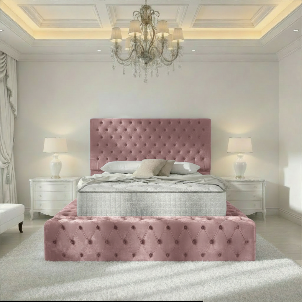 Diplomat Upholstered Ottoman Bed - Pink Plush Velvet