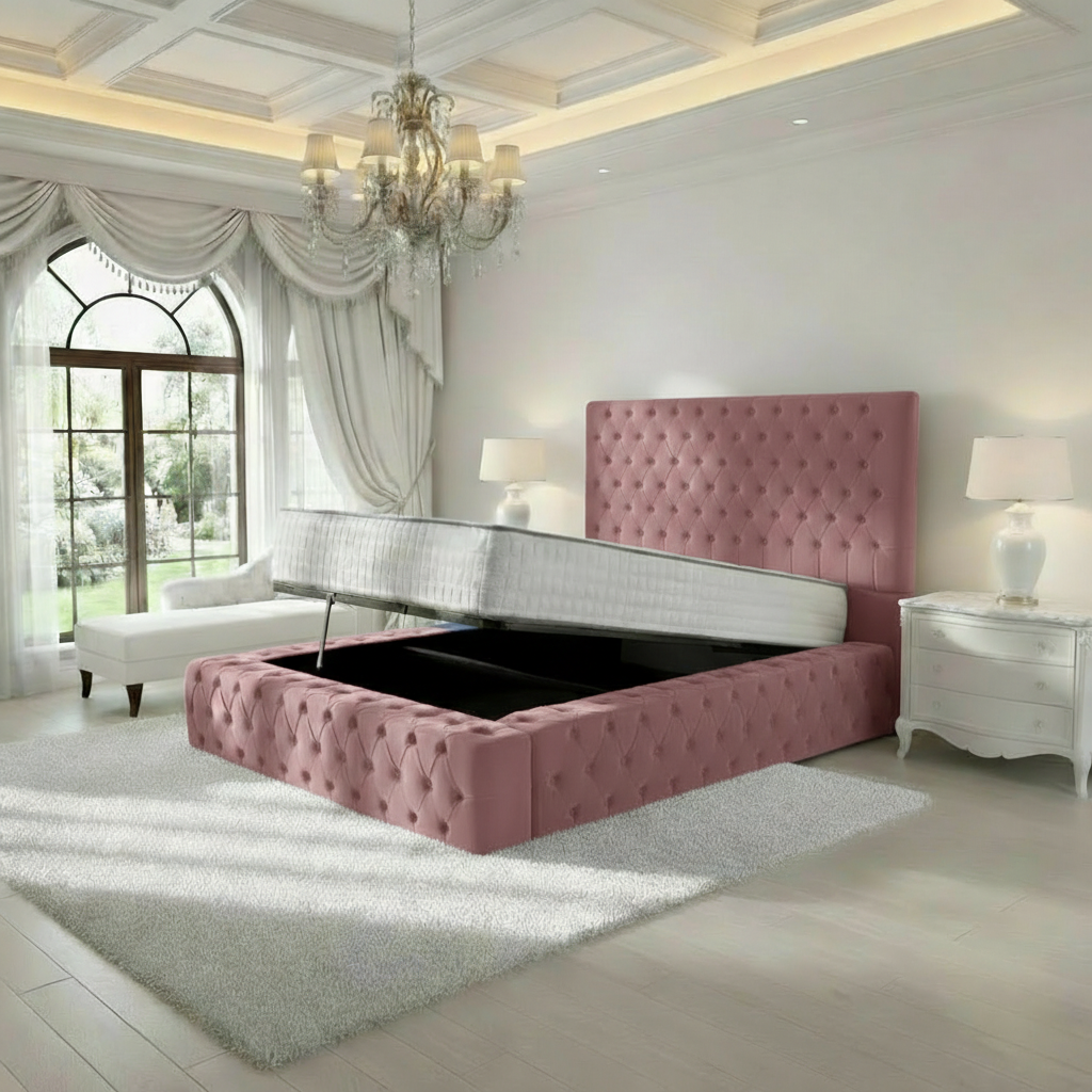 Diplomat Upholstered Ottoman Bed - Pink Plush Velvet