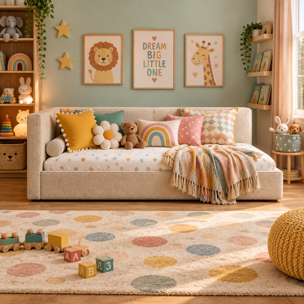A modern low-profile daybed or sofa upholstered in a textured light beige fabric, styled with a gray throw blanket, a blue textured pillow, and a small decorative accent pillow, shown against a plain white background.