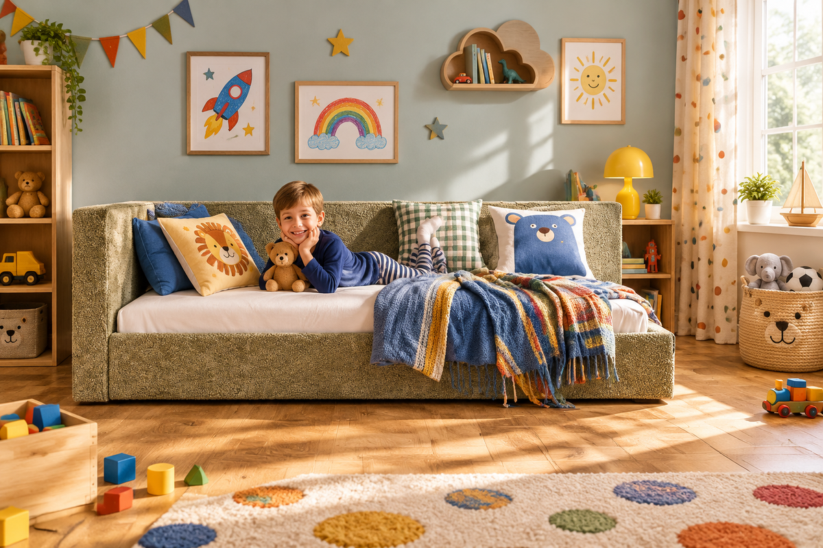 A modern low-profile daybed with textured olive green fabric upholstery, styled with a light gray cushion, a blue throw pillow, and a beige throw blanket on a plain white background.