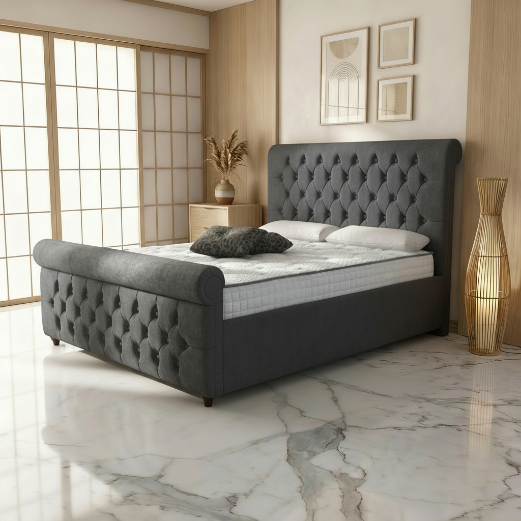 Perth Upholstered Ottoman Bed - Steel Plush Velvet