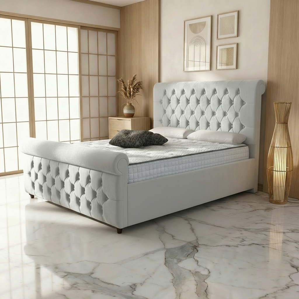 Perth Upholstered Ottoman Bed - Silver Plush Velvet