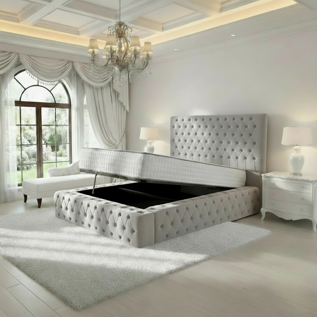 Diplomat Upholstered Ottoman Bed - Silver Plush Velvet