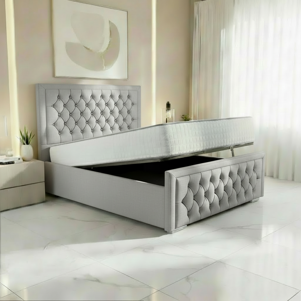 Barcelona Upholstered Ottoman Bed - Silver Linoso