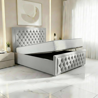 Barcelona Upholstered Ottoman Bed - Silver Plush Velvet