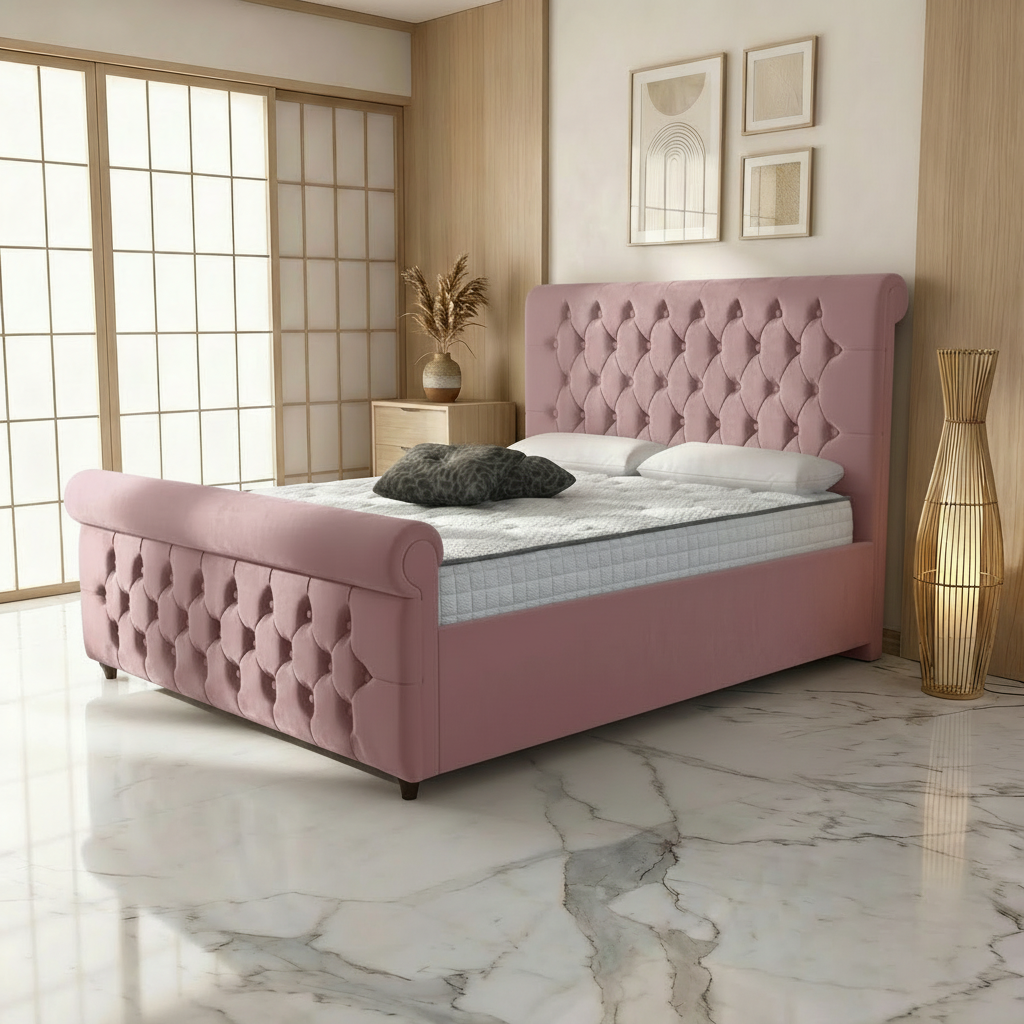Perth Upholstered Ottoman Bed - Mauve Naples - Pink Plush