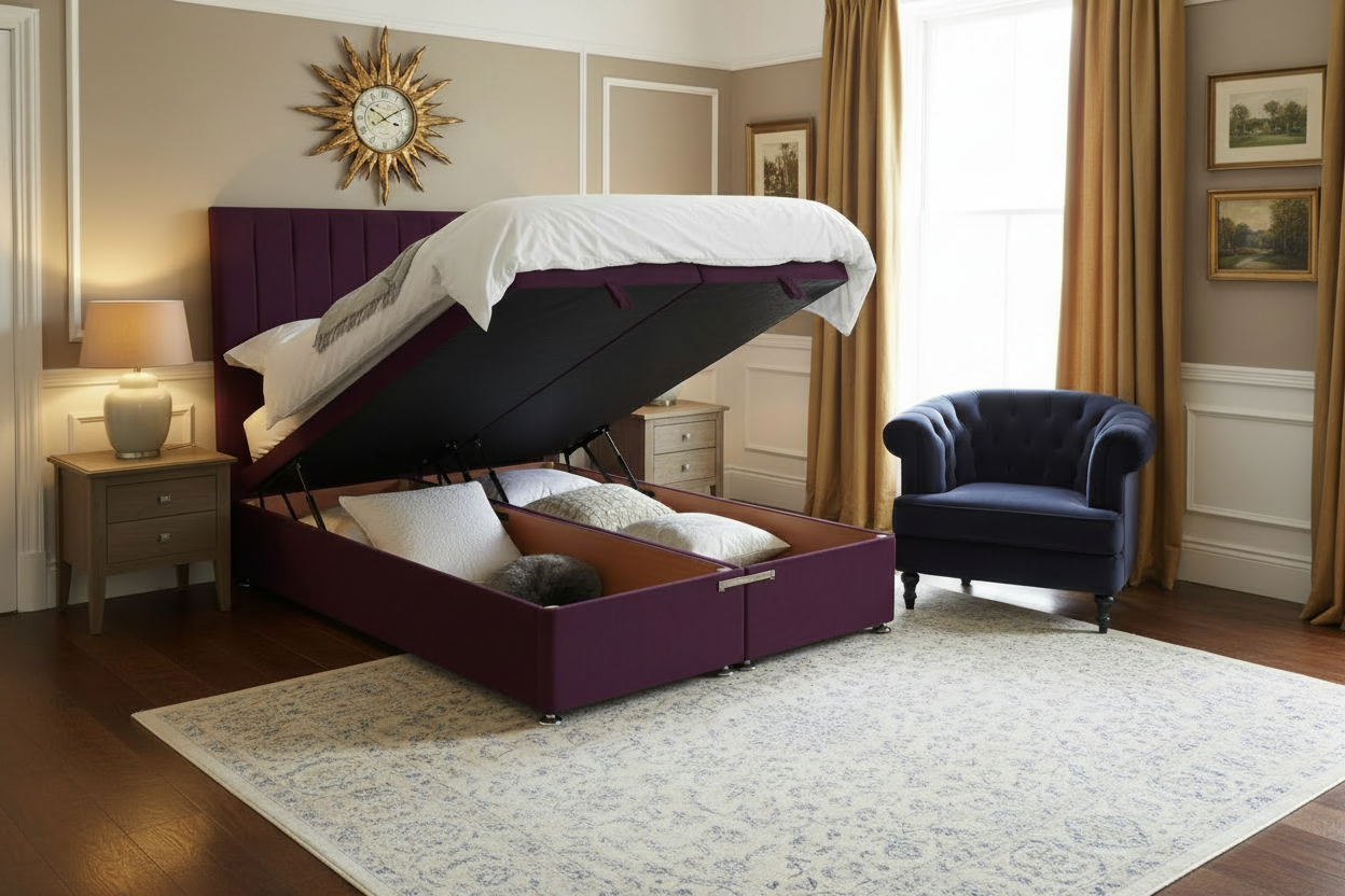 A lift-up storage bed with a deep purple upholstered frame, shown with the mattress lifted open to reveal the storage compartment underneath. The bed is styled in a bright bedroom with wooden floors, a wooden chair, and a window.